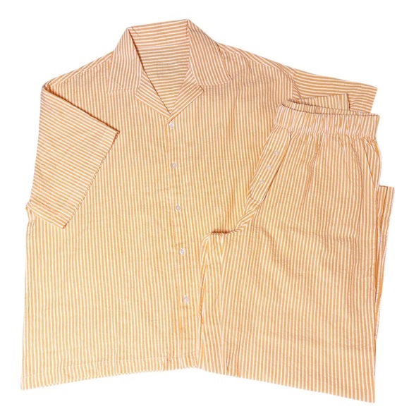 Daily Drills Seersucker Boxy Button Down Shirt Resort Pants Two Piece Set Orange - Picture 3 of 6